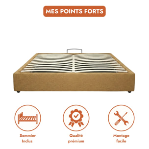 Lit coffre Futura | Ouverture électrique avec télécommande | Espace de stockage jusqu'à 900 L | Bouclette | Camel