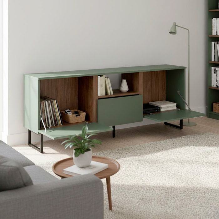 Mobile Porta TV Con 2 Ante A Ribalta 1 Cassetto E Vano a Giorno Design Moderno Piedini Slanciati Stile Nordico 179 x 60 x 40 Cm Colore Verde E Rovere