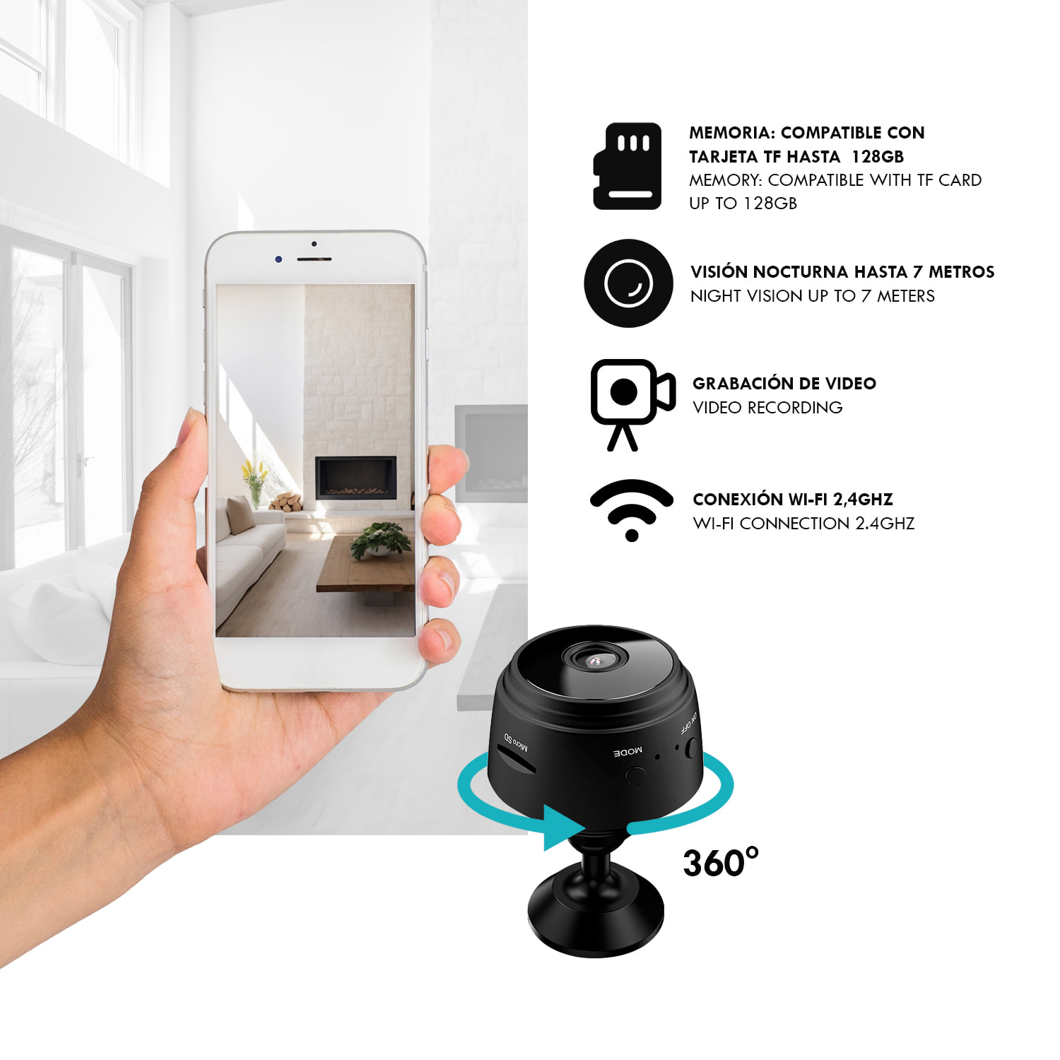 Mini cámara de vigilancia inalámbrica. Permite vigilancia con audio en tiempo real, transmisión 1080 Full HD, grabación de videos, fotos y visión nocturna.