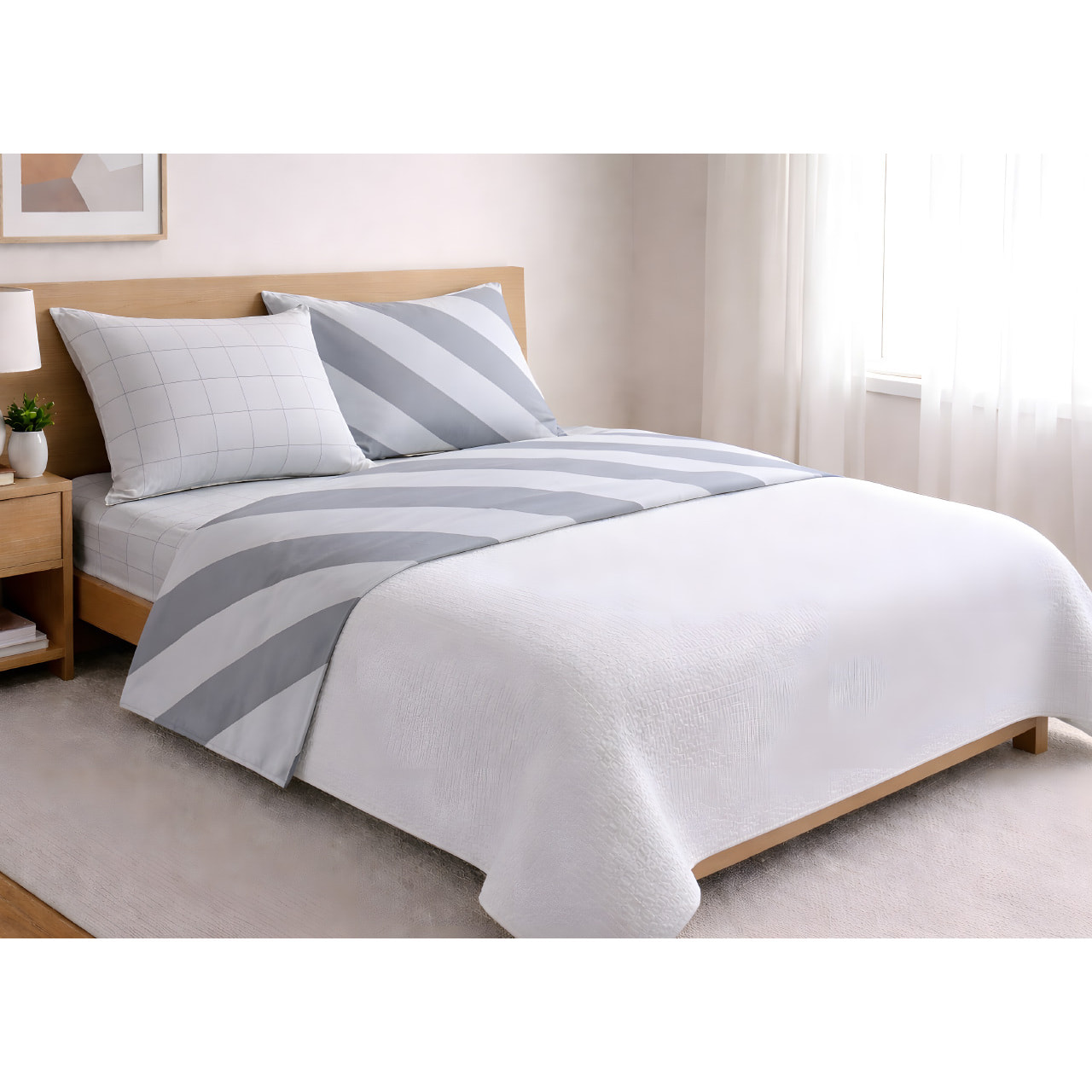 Completo Lenzuola 100% Cotone Made in Italy Fantasia Rigata Disegno Elite Grigio