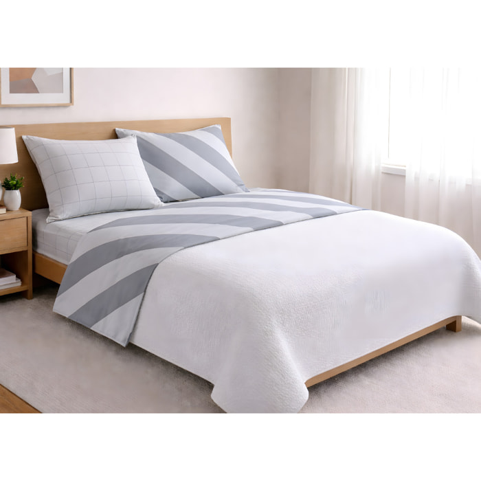 Completo Lenzuola 100% Cotone Made in Italy Fantasia Rigata Disegno Elite Grigio