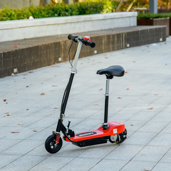 Trottinette électrique pliable enfant 120 W guidon selle réglable 15 Km/h max. suspension AV sonnette rouge noir