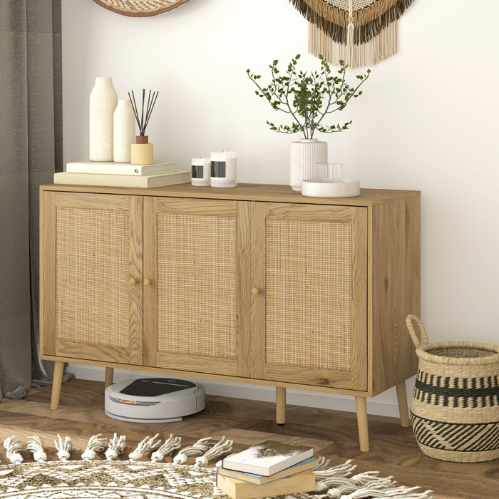 Buffet style cosy chic rotin - 3 portes, 2 étagères - dim. 120L x 40l x 75H cm - effet bois naturel