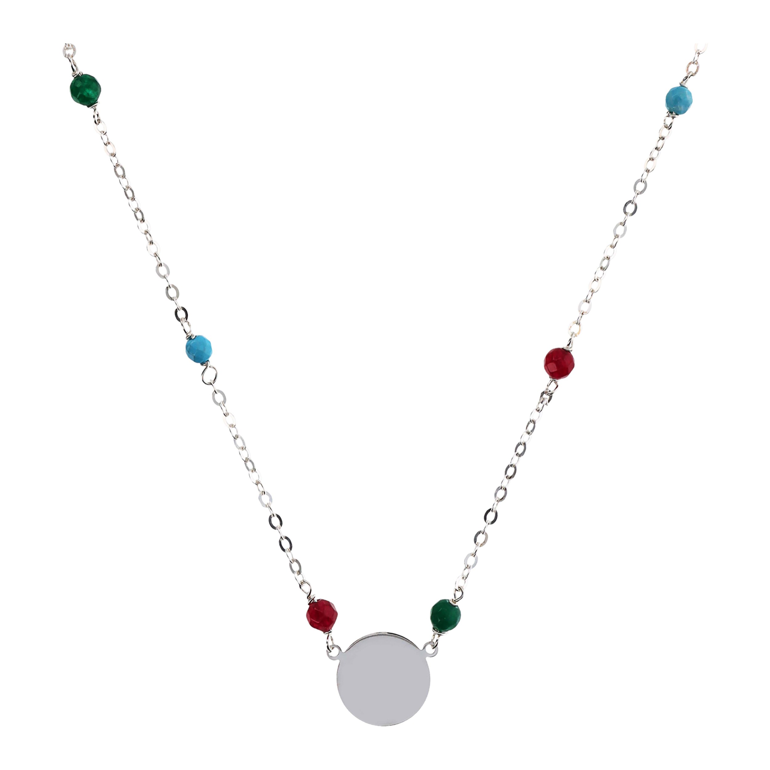 Collana Catena Rolo con Howlite e Quarzite Multicolore e Pendente Tondo Argentato in Argento 925 placcato Rodio