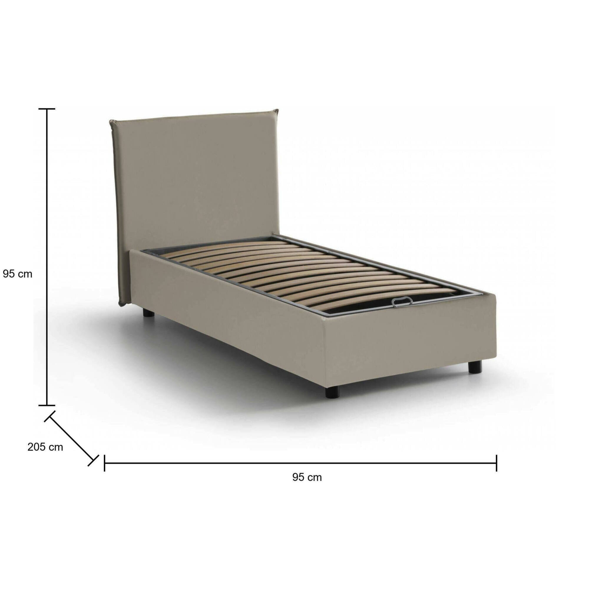 Letto singolo Grecale, Letto contenitore con rivestimento in ecopelle, 100% Made in Italy, Apertura laterale, adatto per materasso Cm 80x190, Tortora