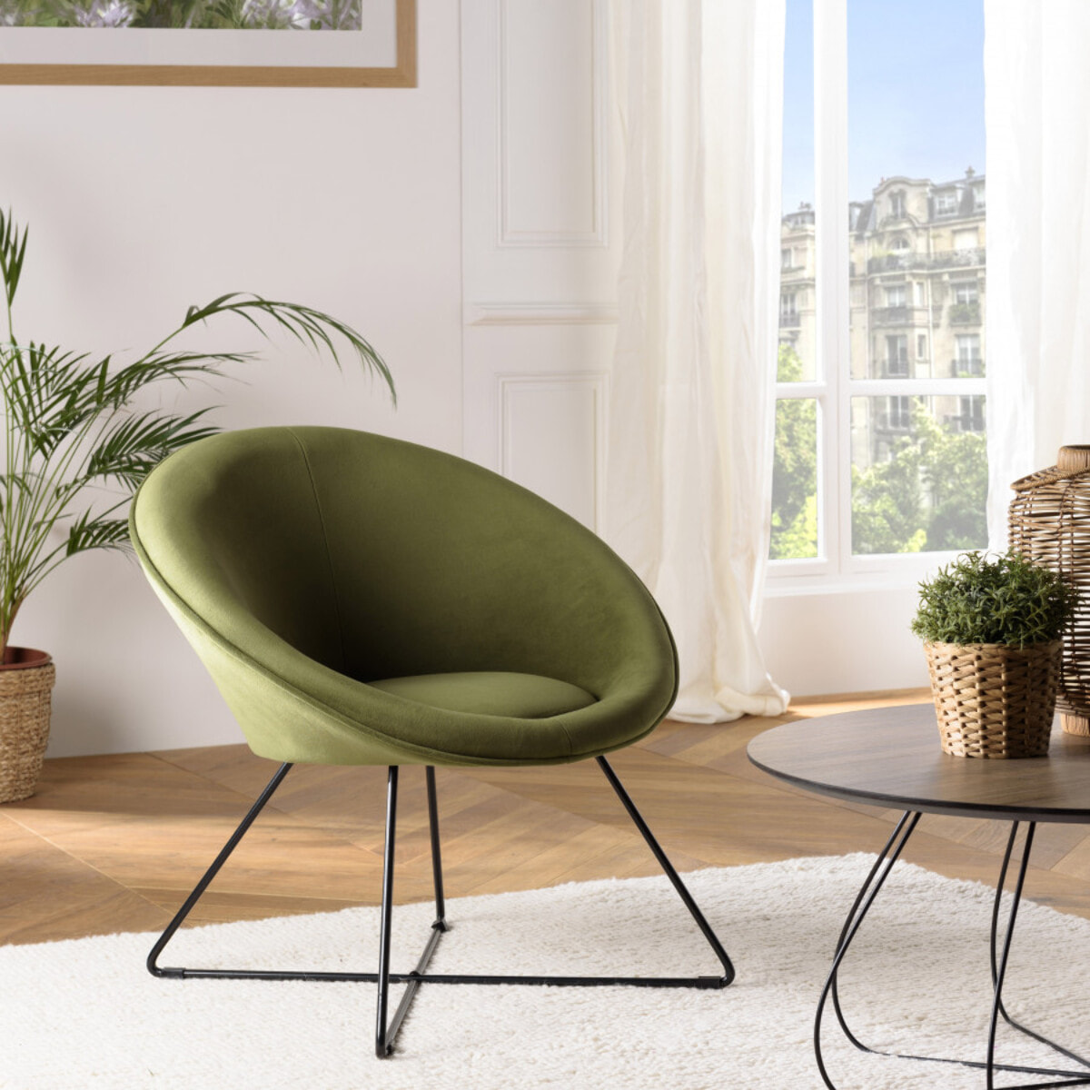 ALBANE - Fauteuil tissu velours vert olive pieds croisés métal noir