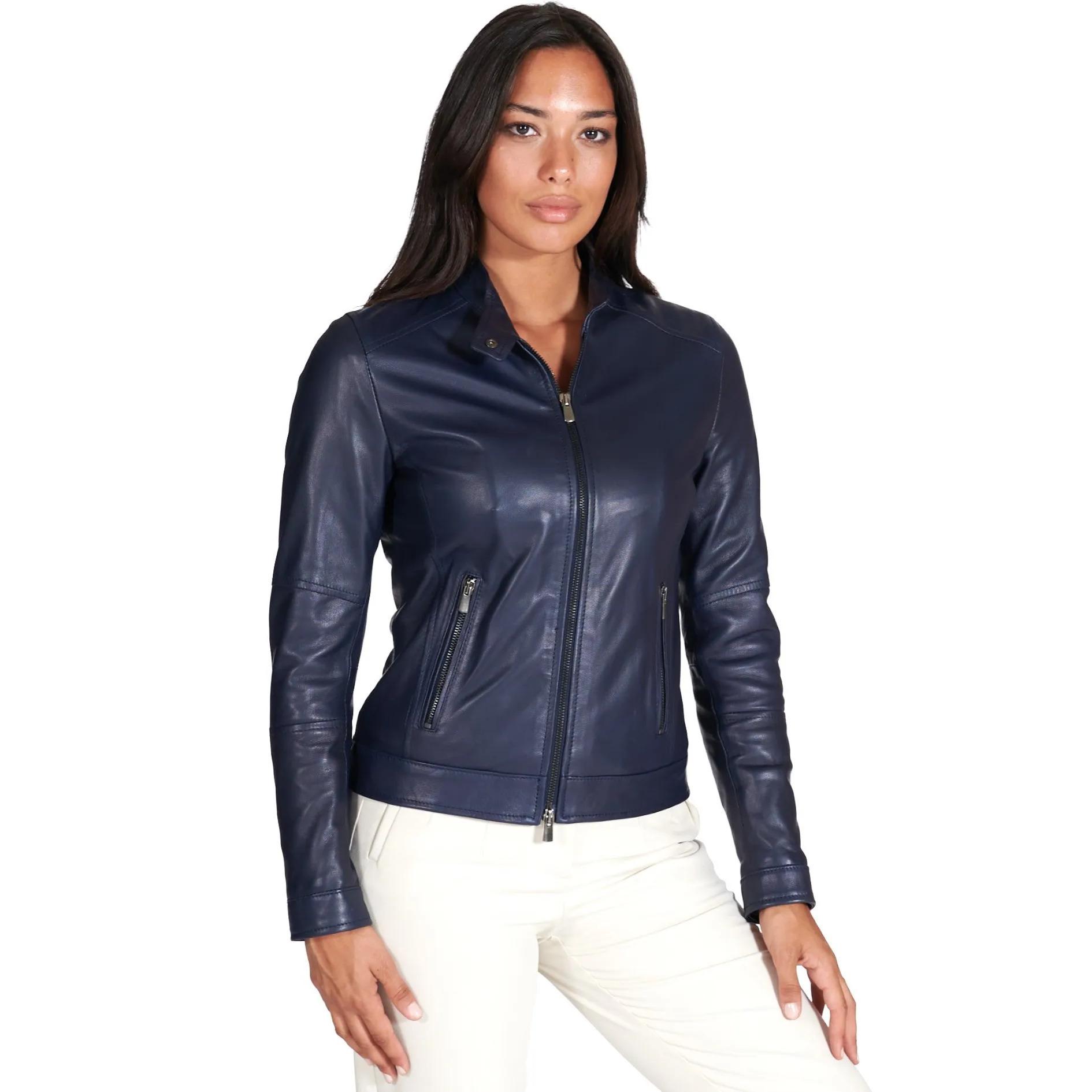 Giacca biker in pelle naturale blu effetto liscio