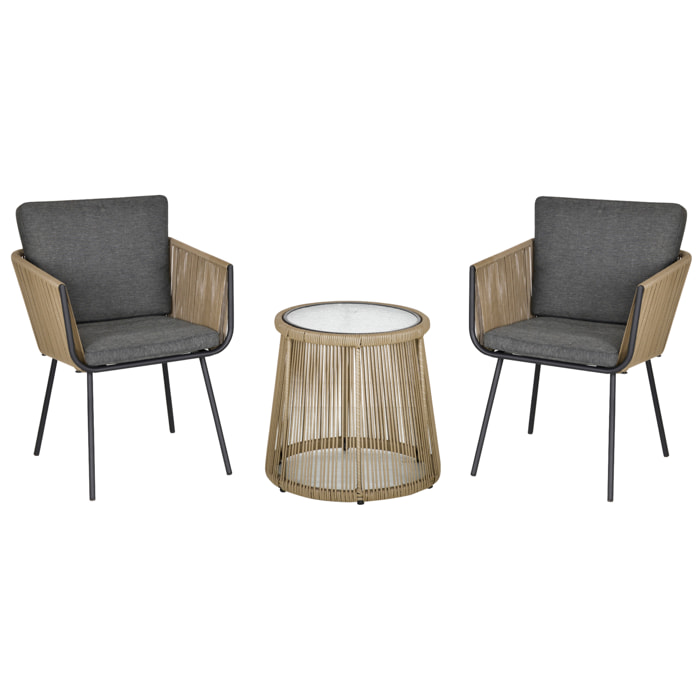 Conjunto de Jardín Exterior de 3 Piezas Juego de 2 Sillas y Mesa de Ratán con Cojines Acolchados y Encimera de Vidrio para Balcón Terraza Café y Gris