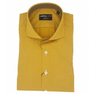 Camicia Uomo 1 Bottone Francese Slim Cotone Stretch Stampato Giallo Ocra/Bianco