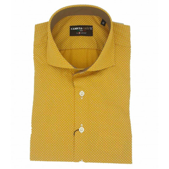Camicia Uomo 1 Bottone Francese Slim Cotone Stretch Stampato Giallo Ocra/Bianco