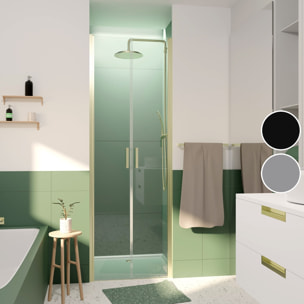 Porte de Douche Double Battant 70x200cm - Verre Trempé Transparent 6mm - Profil Or Doré Brossé