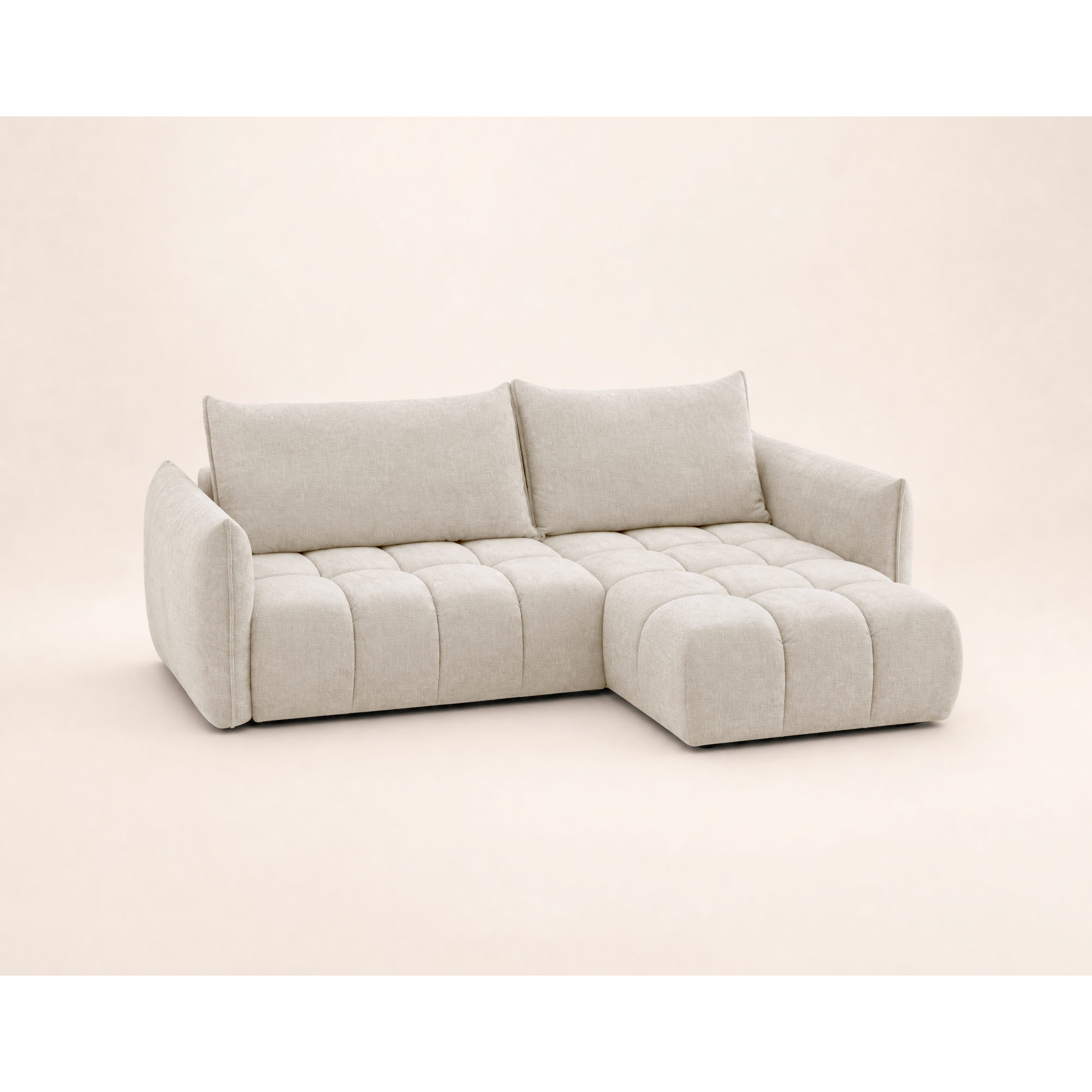 Ambroise - Canapé d'angle droit 4 places convertible avec coffre en velours texturé - Beige