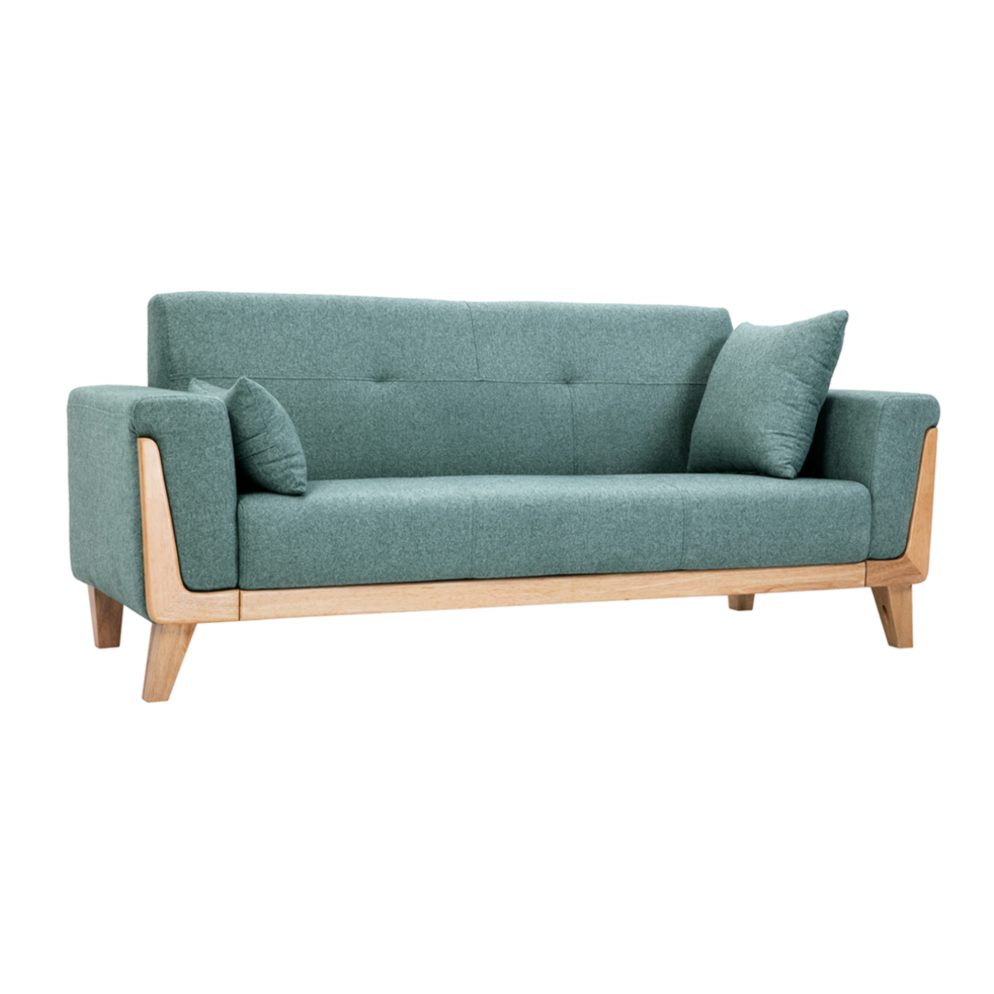 Canapé scandinave 3 places en tissu vert de gris et bois clair FJORD