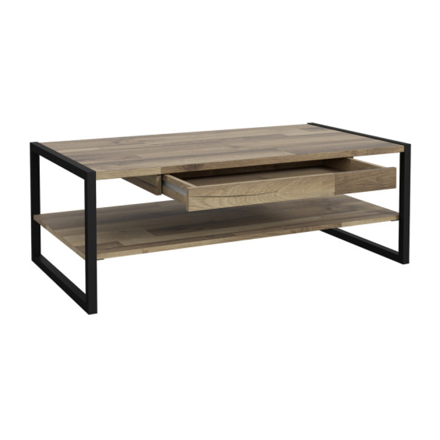 Table basse industrielle effet bois & métal 1 tiroir L110cm - BUDDY