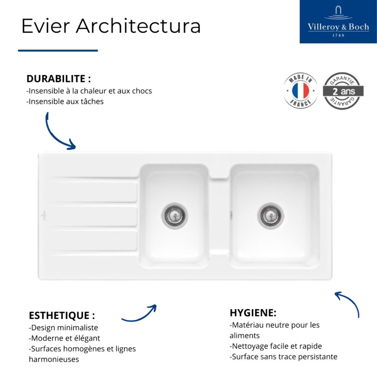 Evier 116 x 51 cm Architectura 80 Blanc vidage automatique inclus