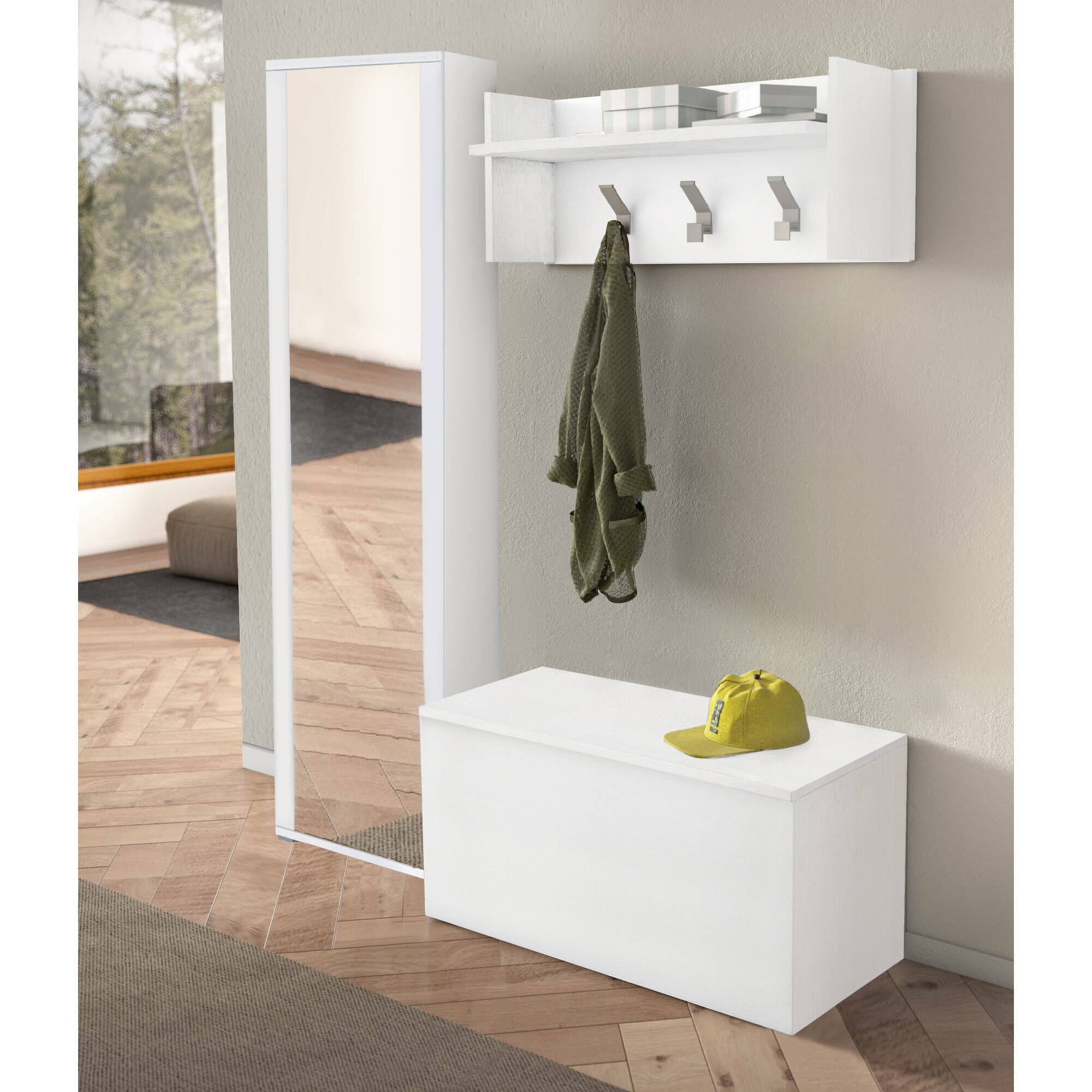 Mobile da ingresso Tanzanite, Entratina moderna con appendiabiti, Mobile con scarpiera, Armadietto con specchio, Cm 50x32h182, Bianco