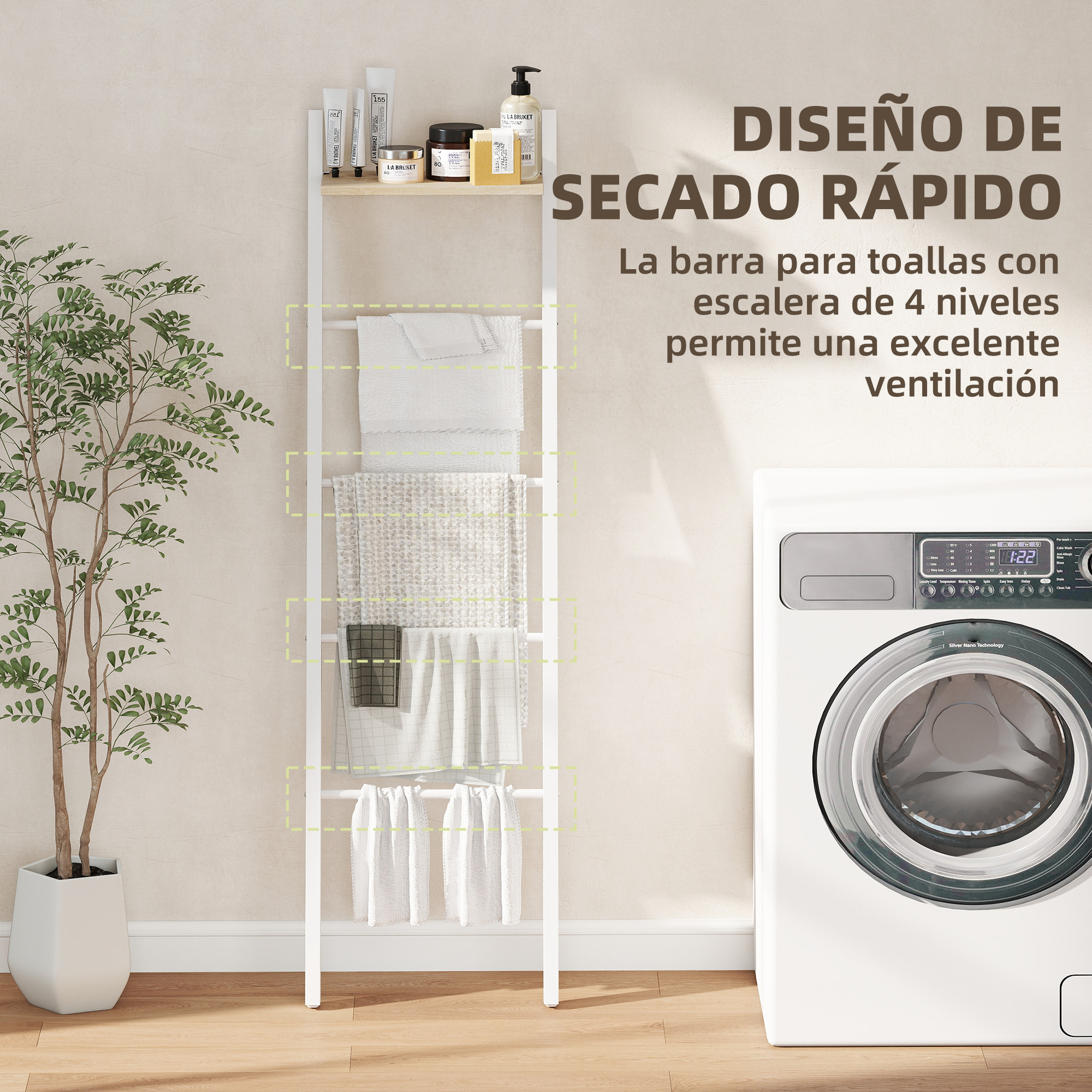 Toallero Escalera con Estante Superior y 4 Barras, Toallero de Baño para Apoyar en Pared, Estantería de Escalera Inclinada, para Dormitorio, Salón, 43x20x151 cm, Blanco y Roble