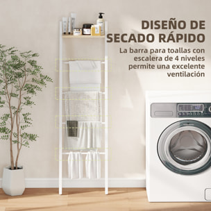Toallero Escalera con Estante Superior y 4 Barras, Toallero de Baño para Apoyar en Pared, Estantería de Escalera Inclinada, para Dormitorio, Salón, 43x20x151 cm, Blanco y Roble