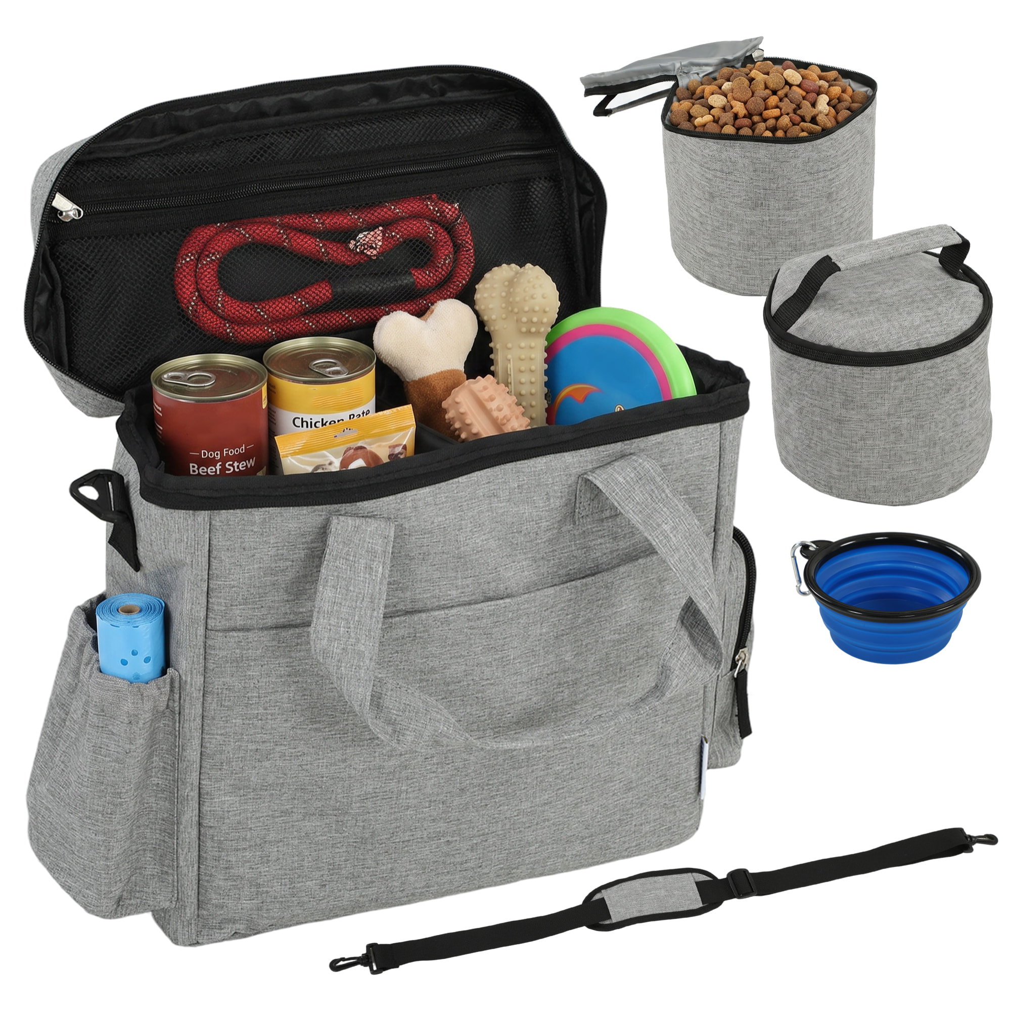 Bolso de Viaje para Perros, Bolsa de Premios con 2 Contenedores de Pienso y Cuenco Plegable de Silicona, Bolsillos, Divisor Ajustable, para Gatos y Cachorros, Portátil y Duradero, Gris Claro