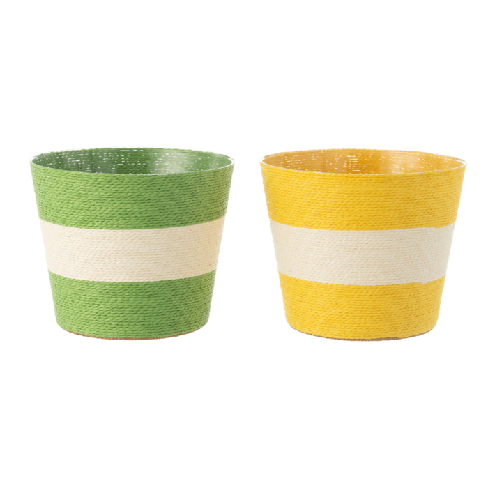 J-Line Cache-Pot Cordes Rayure Papier/Pet Jaune/Vert Extra Large Assortiment De 2