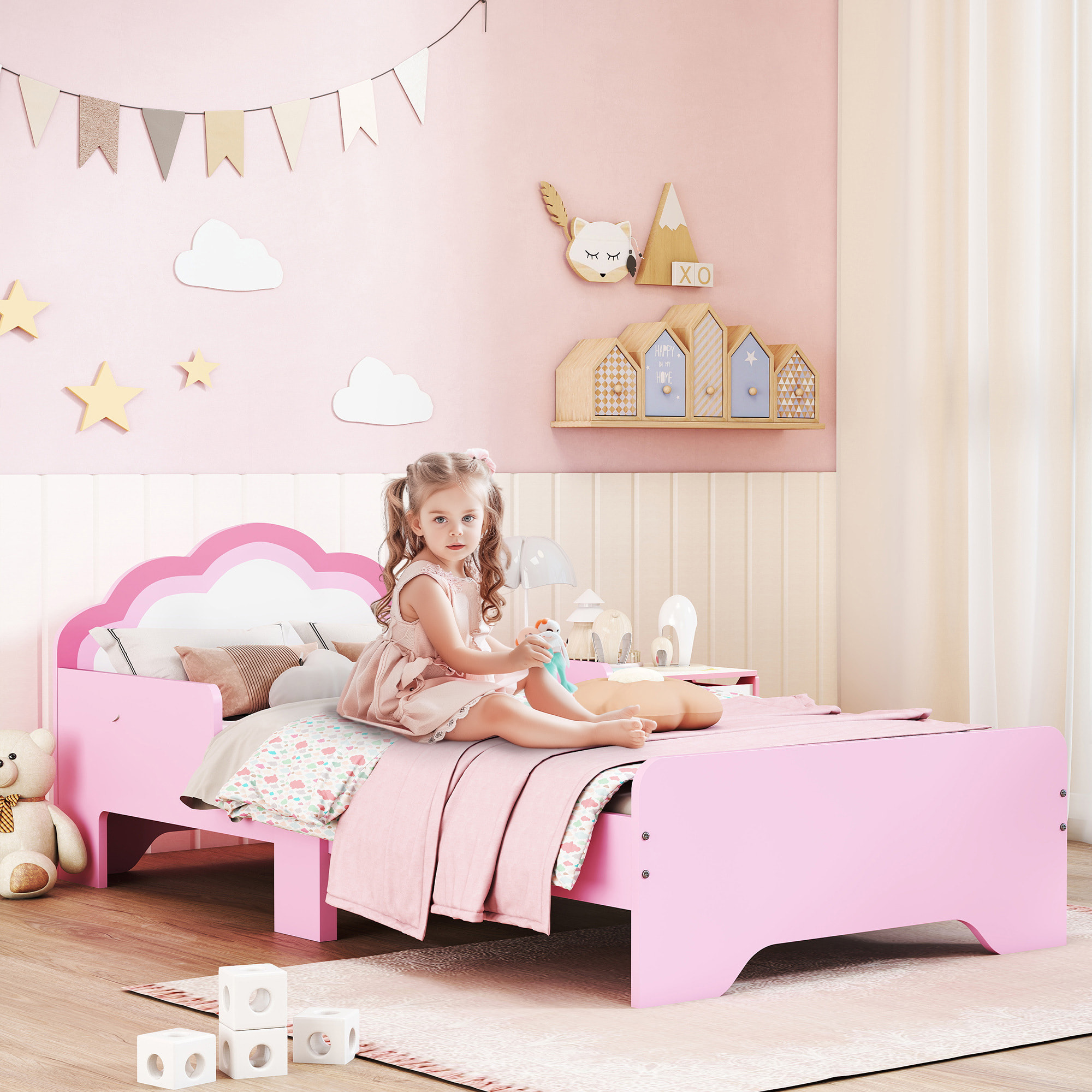 Cama Infantil 70x140 cm, Cama para Niños con Barrera Anticaídas y Somier, Cabecero en Forma de Nube, Rosa