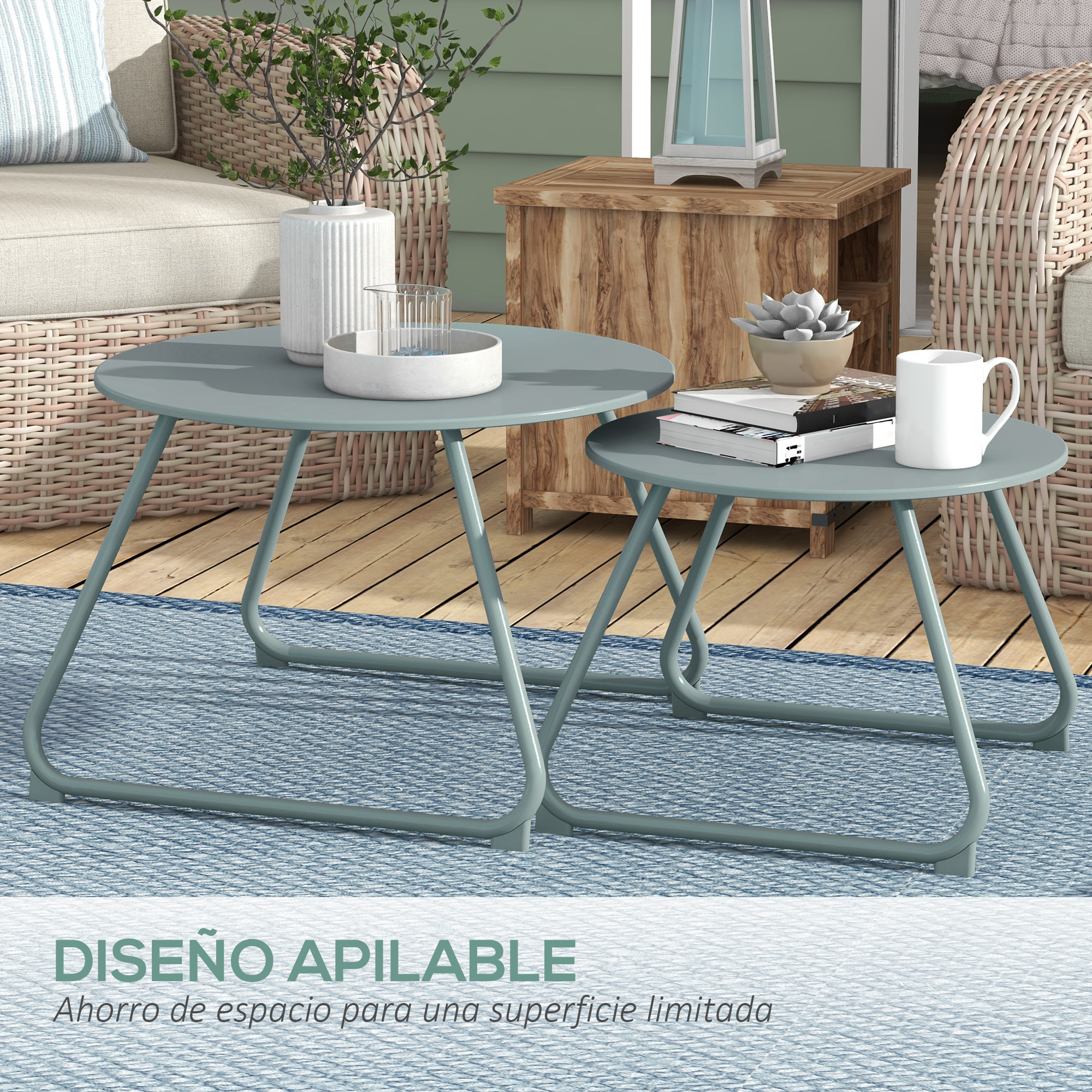 Juego de 2 Mesas de Jardín Apilables Mesas Auxiliares de Jardín Redondas con Estructura de Metal y Recubrimiento Epoxi Anticorrosivo para Balcón Terraza Patio Azul