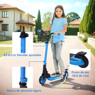 Patinete Eléctrico Plegable MAX 10 KM/H Patín Eléctrico de +6 Años Motor 120 W Autonomía 6 KM Ruedas de 5" - 5,5" Freno Posterior Altura Ajustable Luces LED y Marco de Aluminio Azul