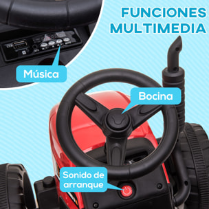 Tractor Eléctrico con Remolque Desmontable Coche Eléctrico para Niños 3-6 Años con Control Remoto Música MP3 Pantalla Luces y Cinturón de Seguridad 136,5x50x52,5 cm Rojo