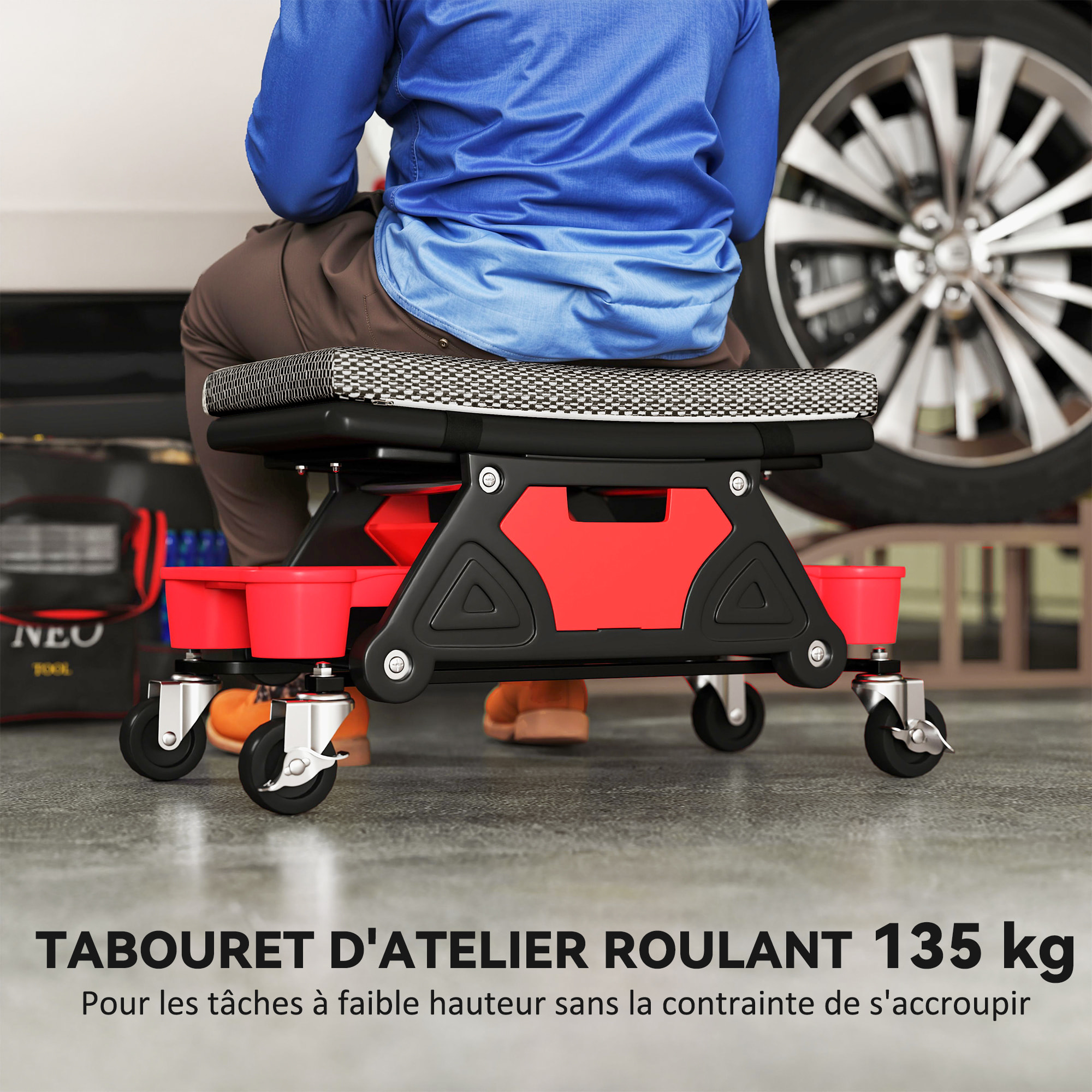 Tabouret d'atelier mobile - tabouret de mécanicien - coussin intégré, 3 plateaux outils - noir rouge