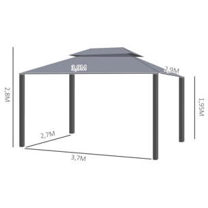 Cenador de Jardín 4x3 m Gazebo de Aluminio con Techo de Ventilación 4 Cortinas Laterales 4 Mosquiteras y 8 Orificios de Drenaje para Fiestas Eventos Exterior Gris