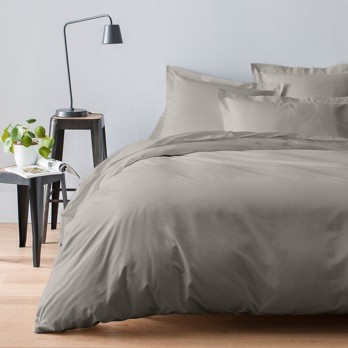 Housse De Couette 100% Satin de Coton lavé 105 Fils Gris Clair