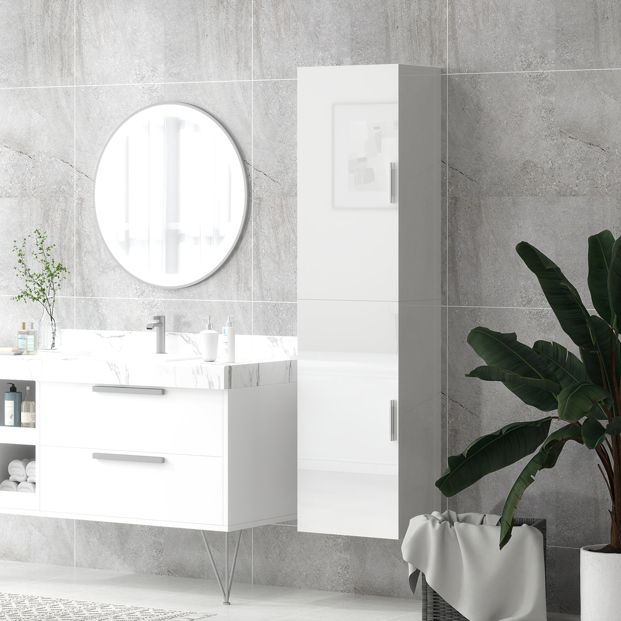 Columna de Baño de Pared Armario de Baño Estrecho con Estantes Ajustables y 2 Puertas Mueble de Baño Moderno para Espacio Pequeño 40x30x160 cm Blanco Brillo