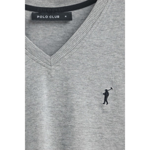 Camiseta gris vigoré con cuello pico y bordado Rigby Go