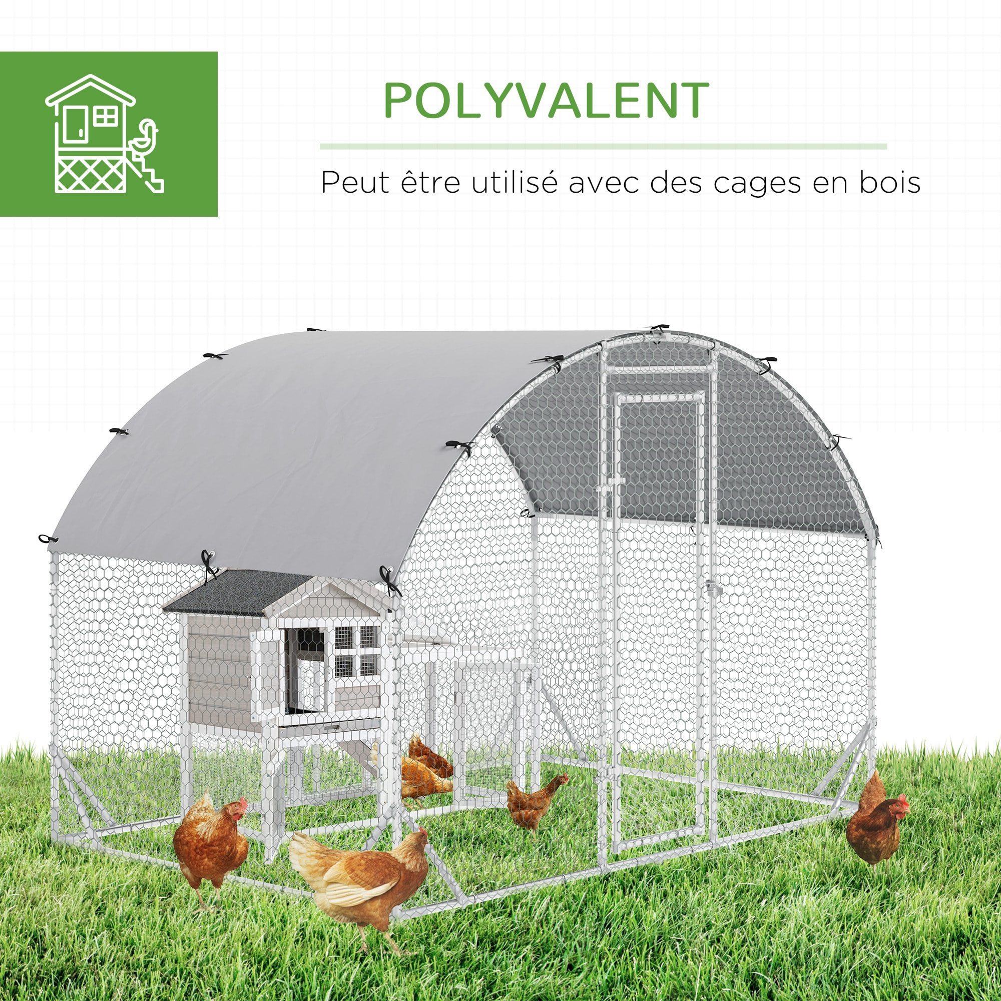 Enclos poulailler chenil couvert 5,32 m² - parc grillagé dim. 2,8L x 1,9l x 1,97H m - acier galvanisé