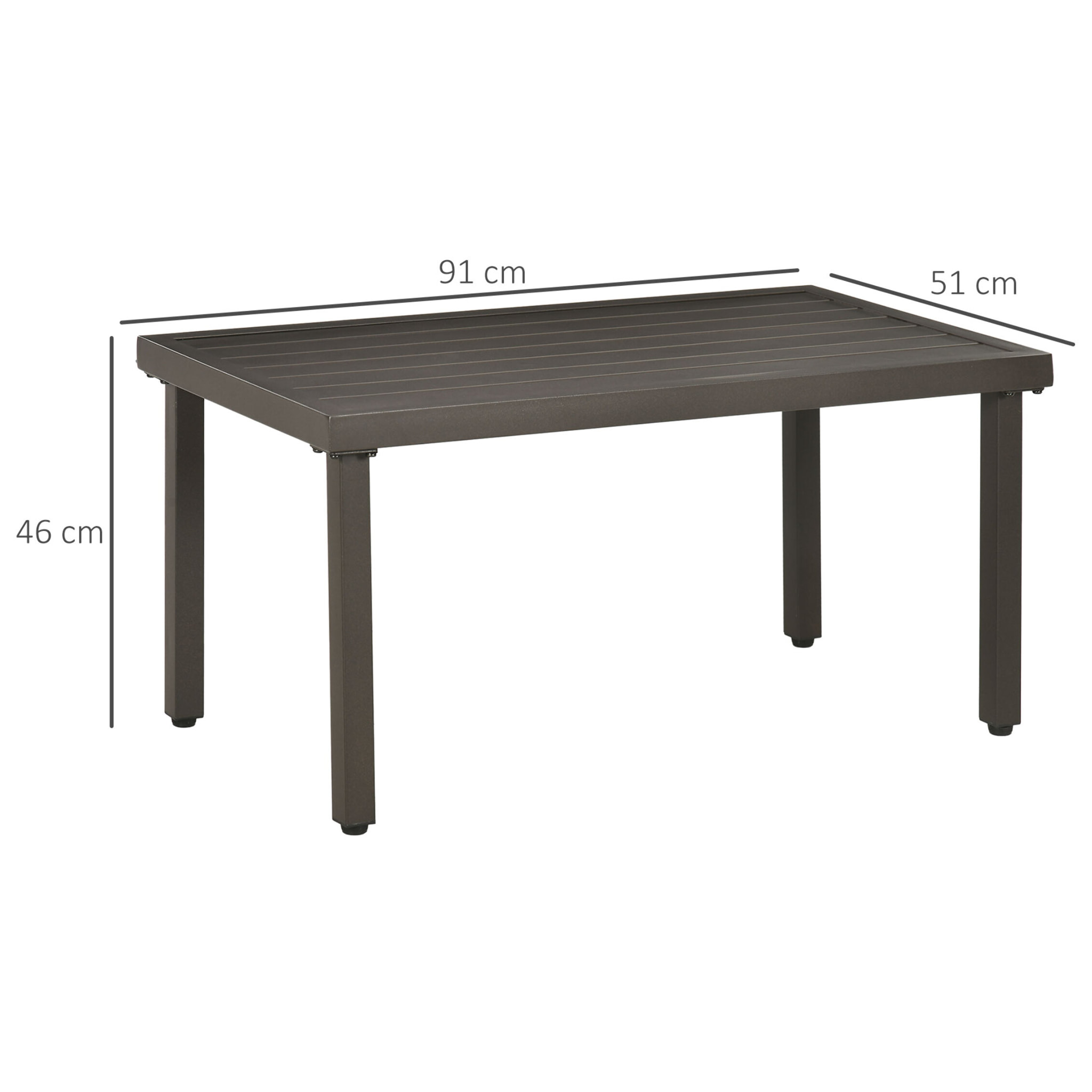 Table basse rectangulaire de jardin plateau à lattes pieds réglables dim. 91L x 51l x 46H cm acier marron