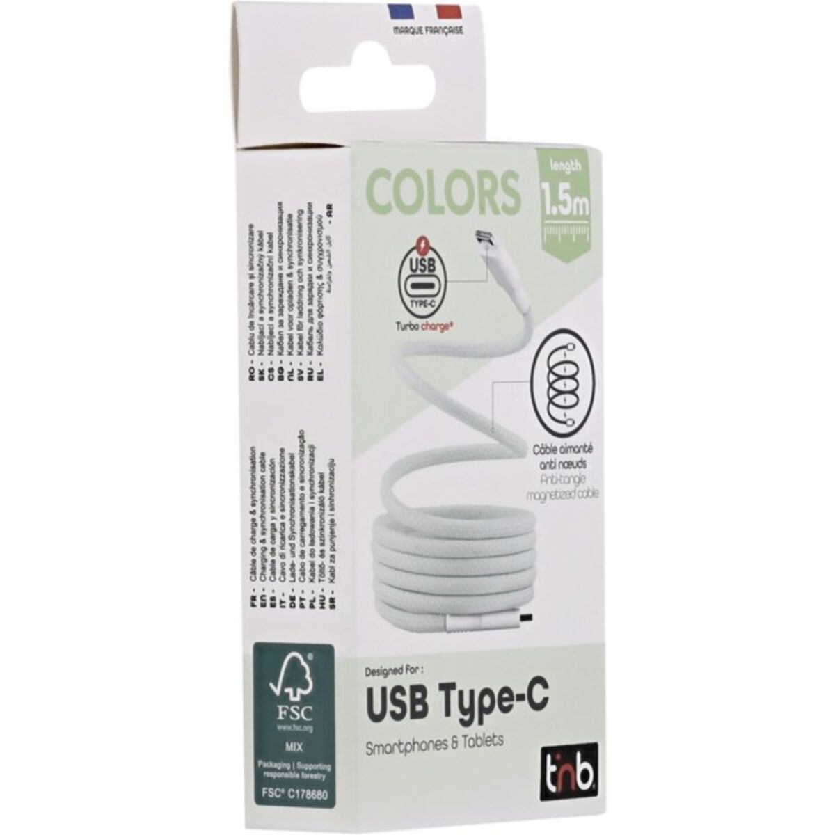 Câble de charge TNB USB-C/USB-C 1.5m gaine aimantée vert