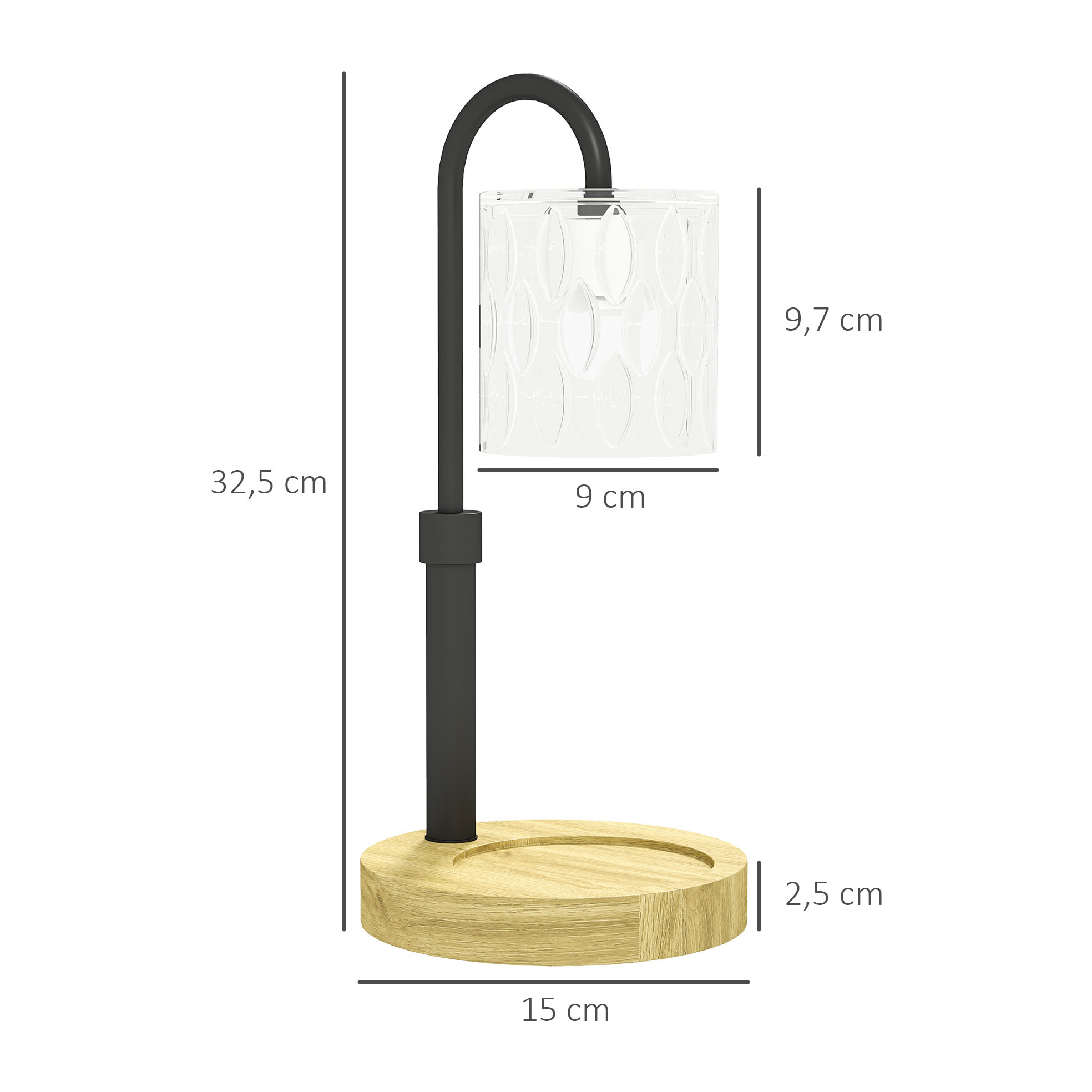 Lámpara de Mesita de Noche Lámpara Calefactora de Velas con Base de Madera Pantalla de Vidrio y Varilla Lámpara de Mesa para Dormitorio Salón Ø15x32,5 cm Multicolor