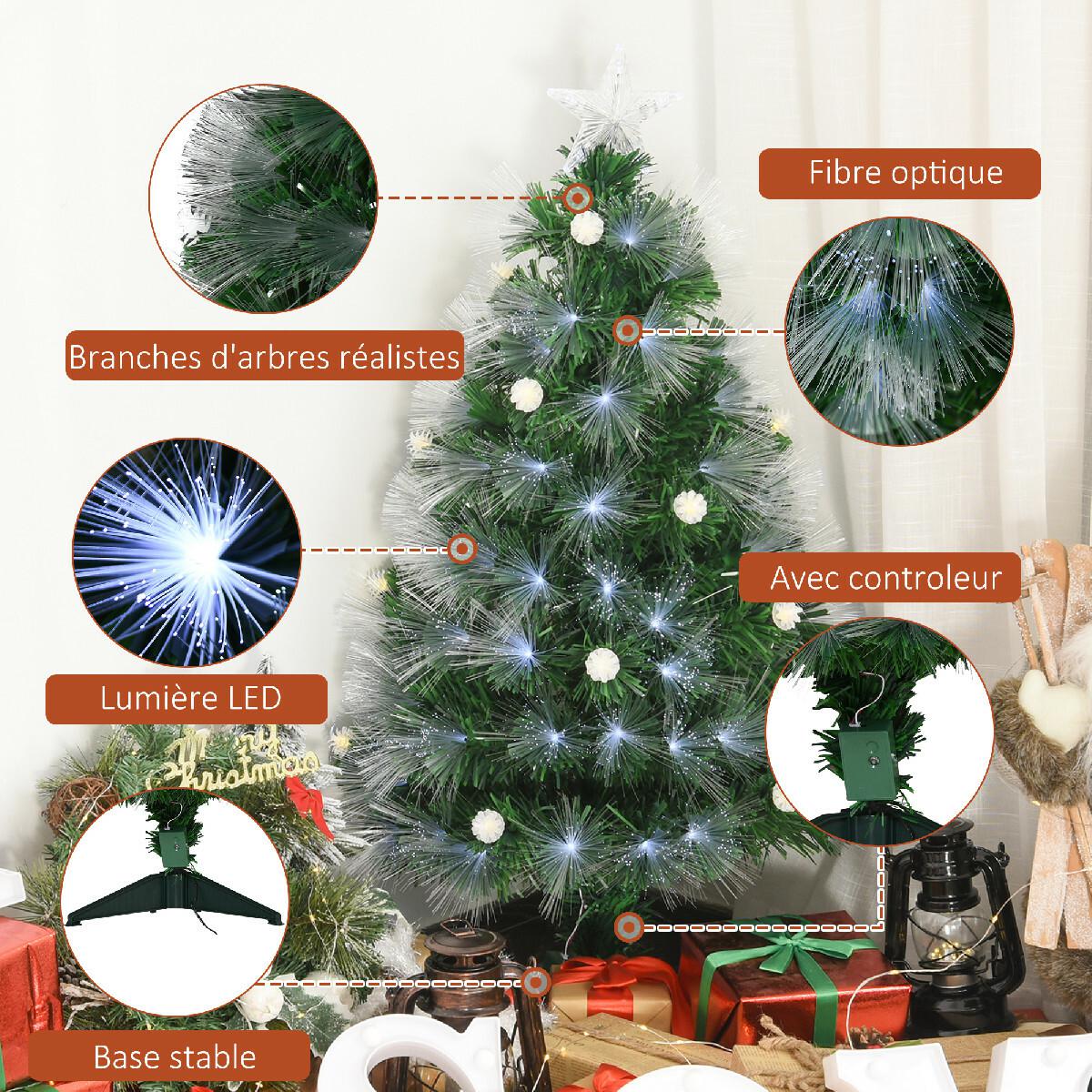 Sapin de Noël artificiel lumineux fibre optique LED + 14 ampoules + support pied Ø 48 x 90H cm 90 branches étoile sommet brillante vert