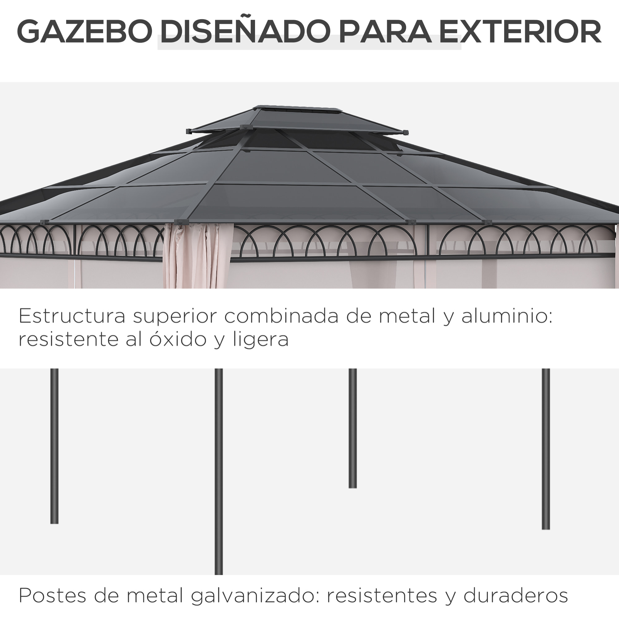 Cenador de Jardín 3,6x3m con Techo Doble de Policarbonato 4 Cortinas Mosquiteras