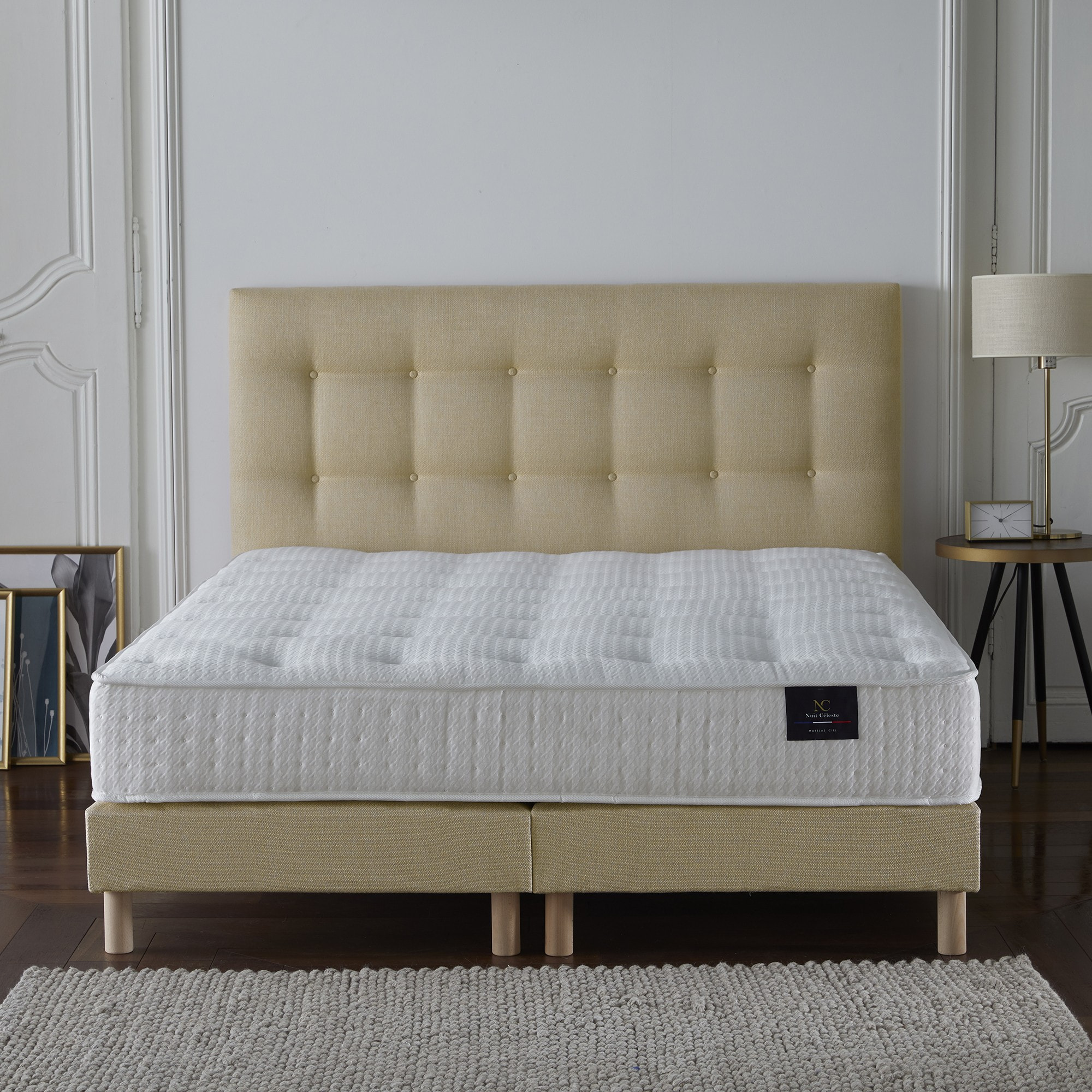 Ensemble Nova + tête de lit capitonnée - Matelas ressorts ensachés Mémoire de forme - Sommier Jaune