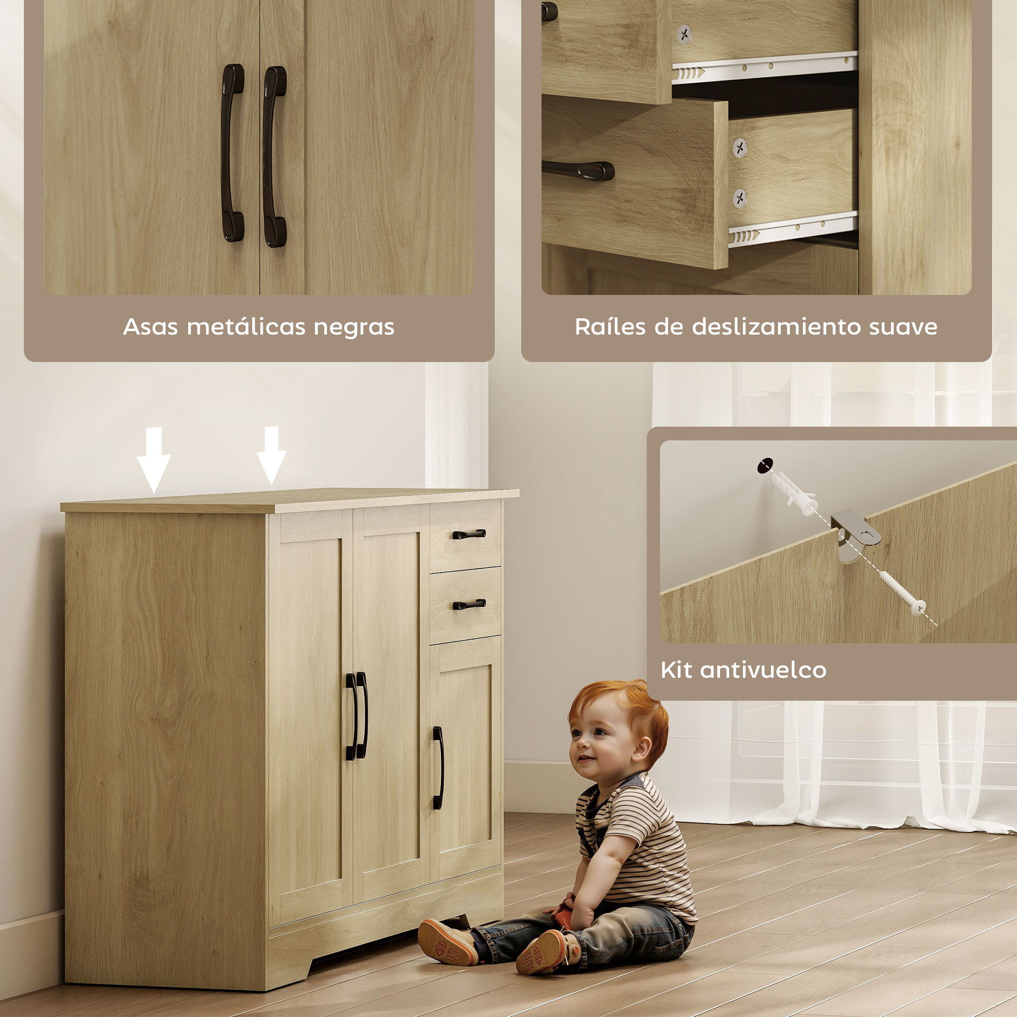 Aparador 3 Puertas, Aparador para Salón Moderno, con 2 Cajones, Estante Ajustable, para Comedor, Entrada, Dormitorio, Natural, 120x38x79 cm