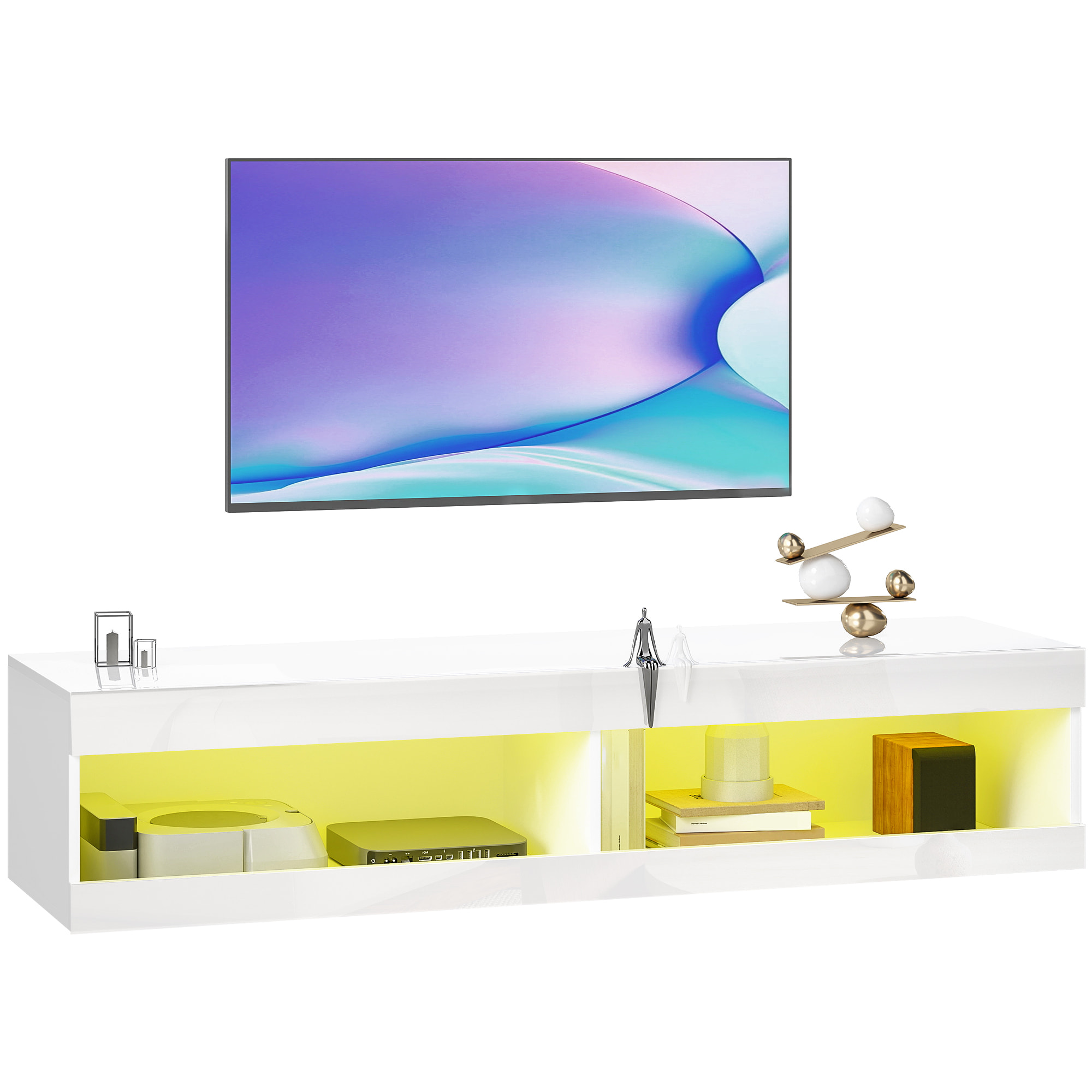 Mueble de TV Suspendido con Luces LED, Mueble de TV para Salón con Control Remoto, Compartimentos, Orificios Pasacables, para Televisión 55-60 Pulgadas, 140x40x30 cm, Blanco Brillo