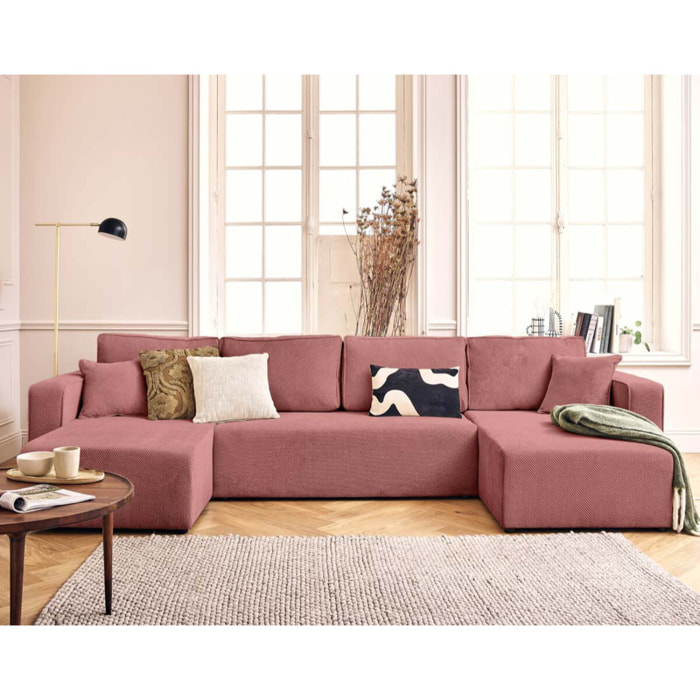 Topaze - canapé panoramique en U 7 places convertible avec coffre en velours texturé - Rose