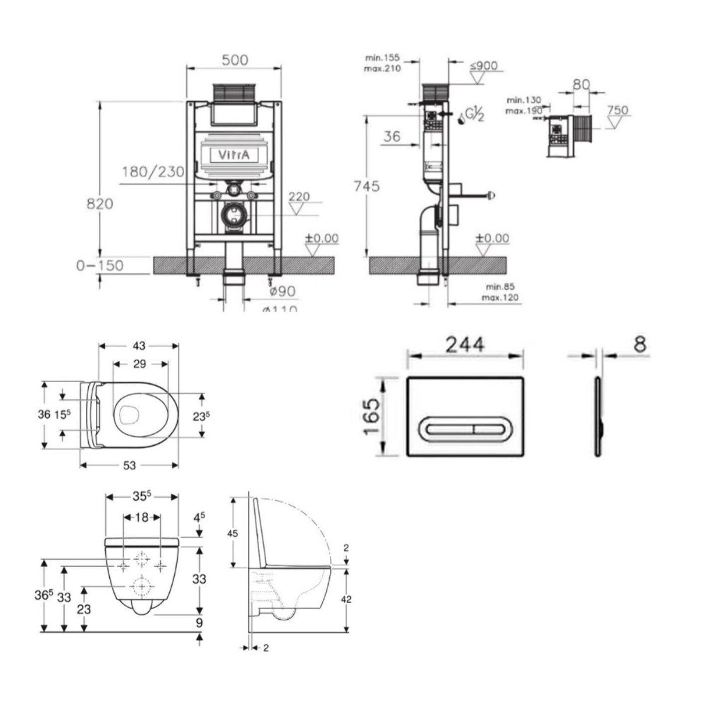 Bâti support 82cm + WC suspendu + Abattant softclose + Plaque Chrome mat (VUNI82ICON-5)