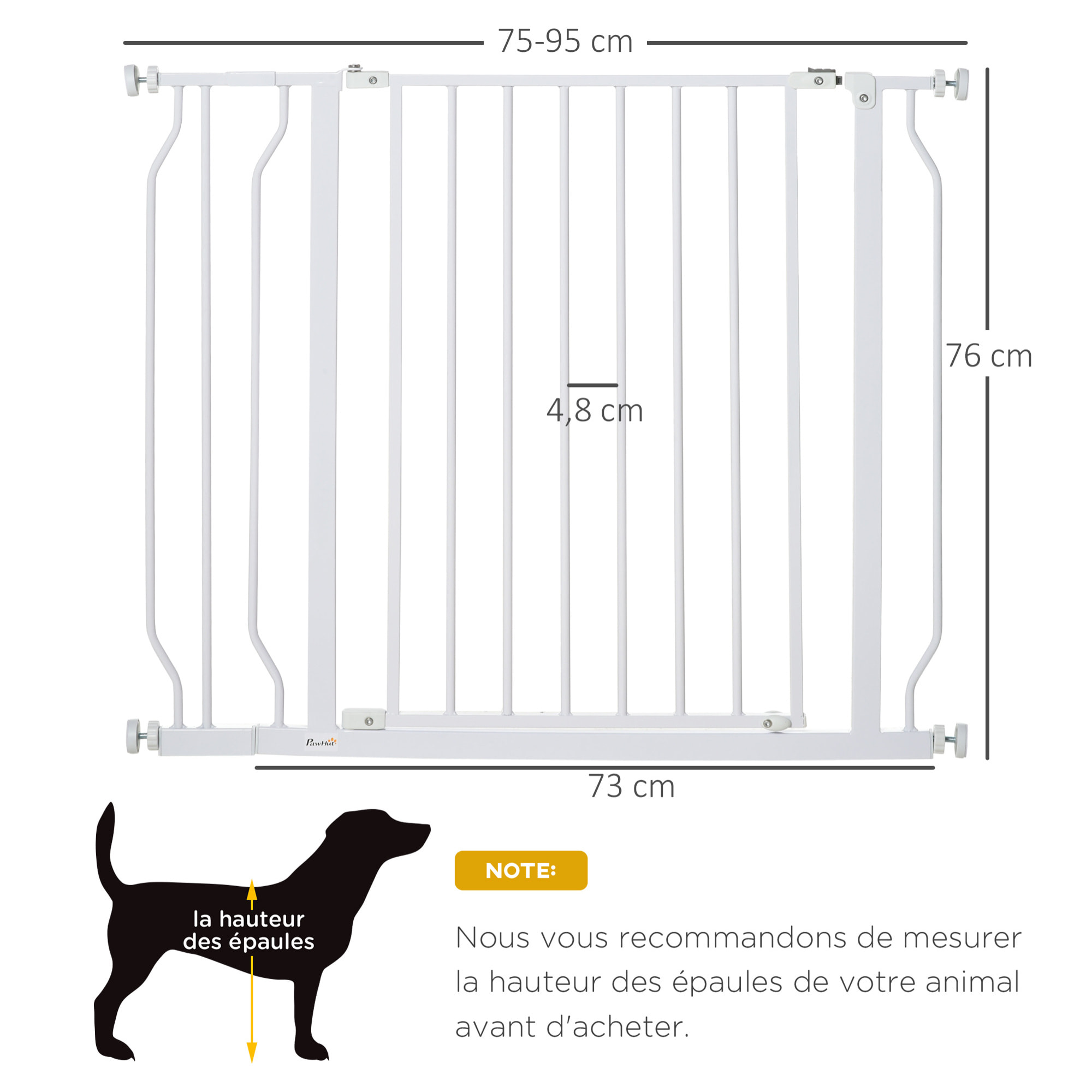 Barrière de sécurité animaux - longueur réglable dim. 75-95 cm - porte double verrouillage, ouverture double sens -sans perçage - acier ABS blanc