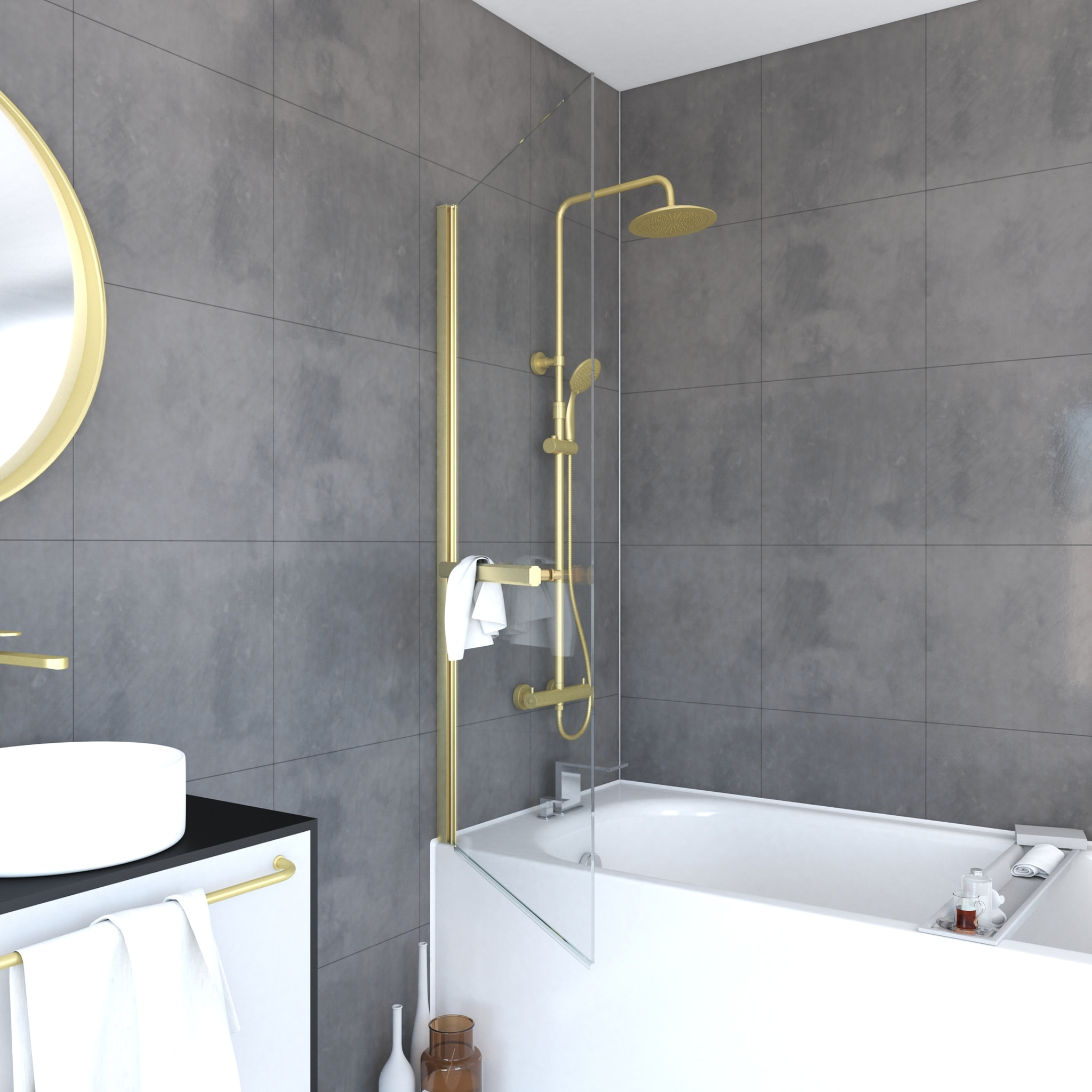 Pare baignoire Pivotant avec Porte-Serviette 85x150cm - Or Doré Brossé - Verre 6mm - TSHAPE GOLDY