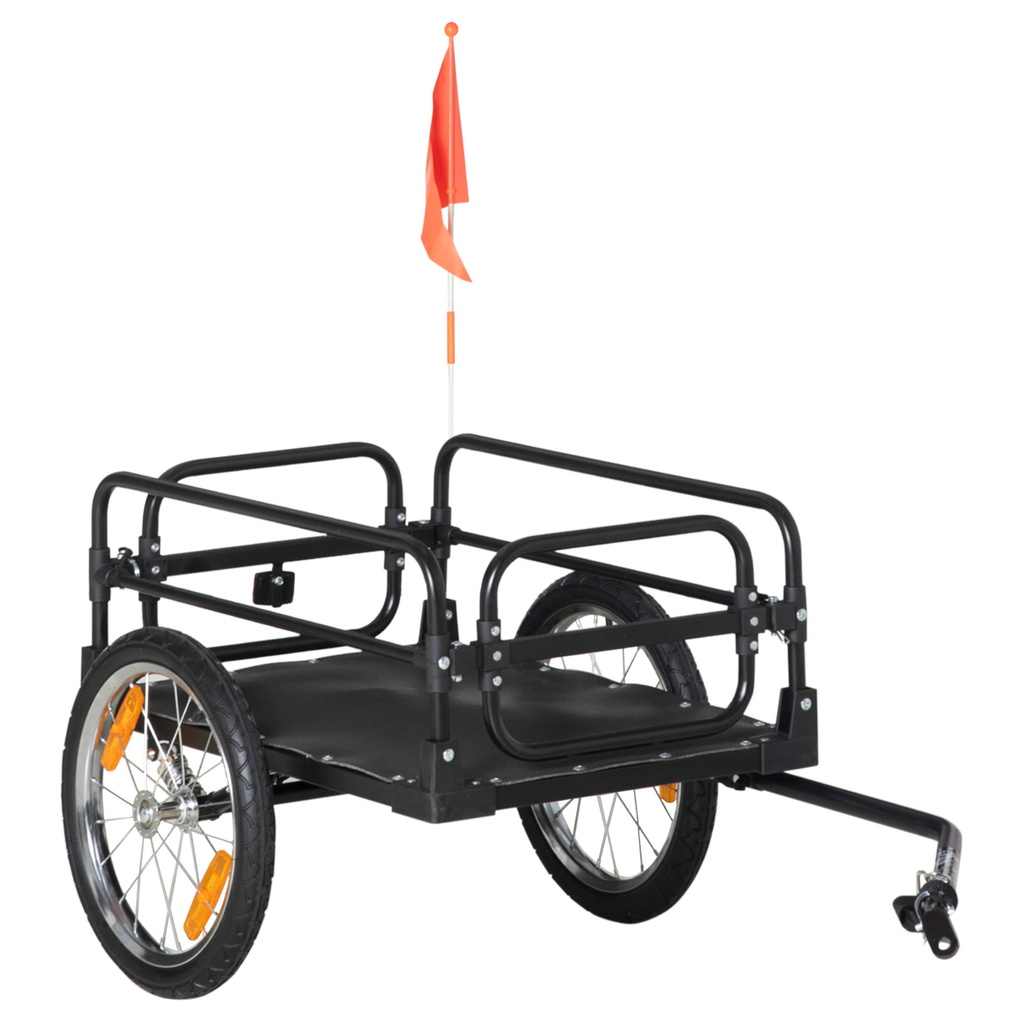 Remolque de Carga para Bicicleta Carro para Bicicleta Desmontable con 2 Ruedas Reflectores y Bandera Marco con Amortiguador Capacidad de 70L Carga 40 kg 125x64x53,5 cm Negro