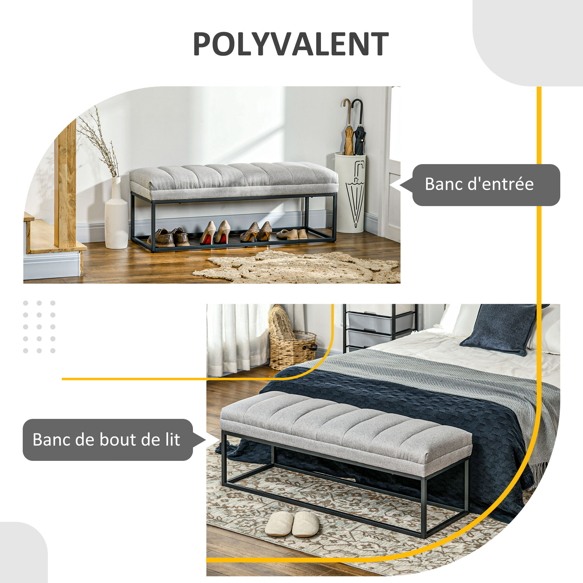 Banc bout de lit épais coussin matelassé grand confort acier noir tissu toucher lin gris clair