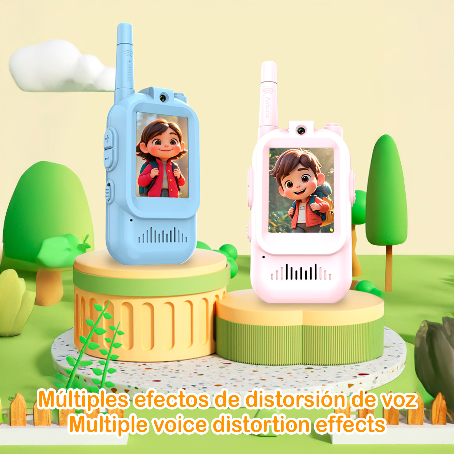 Walkie-Talkie infantil con intercomunicador con video y 4 modos de visualización. 150-500 metros de conexión clara, pantalla de 2" y 4 modos de voz.