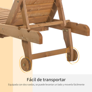 Tumbona de Madera Exterior Silla Reclinable de Jardín con 2 Ruedas Respaldo Ajustable en 3 Niveles y 1 Bandeja Carga 130 kg para Terraza Patio Natural